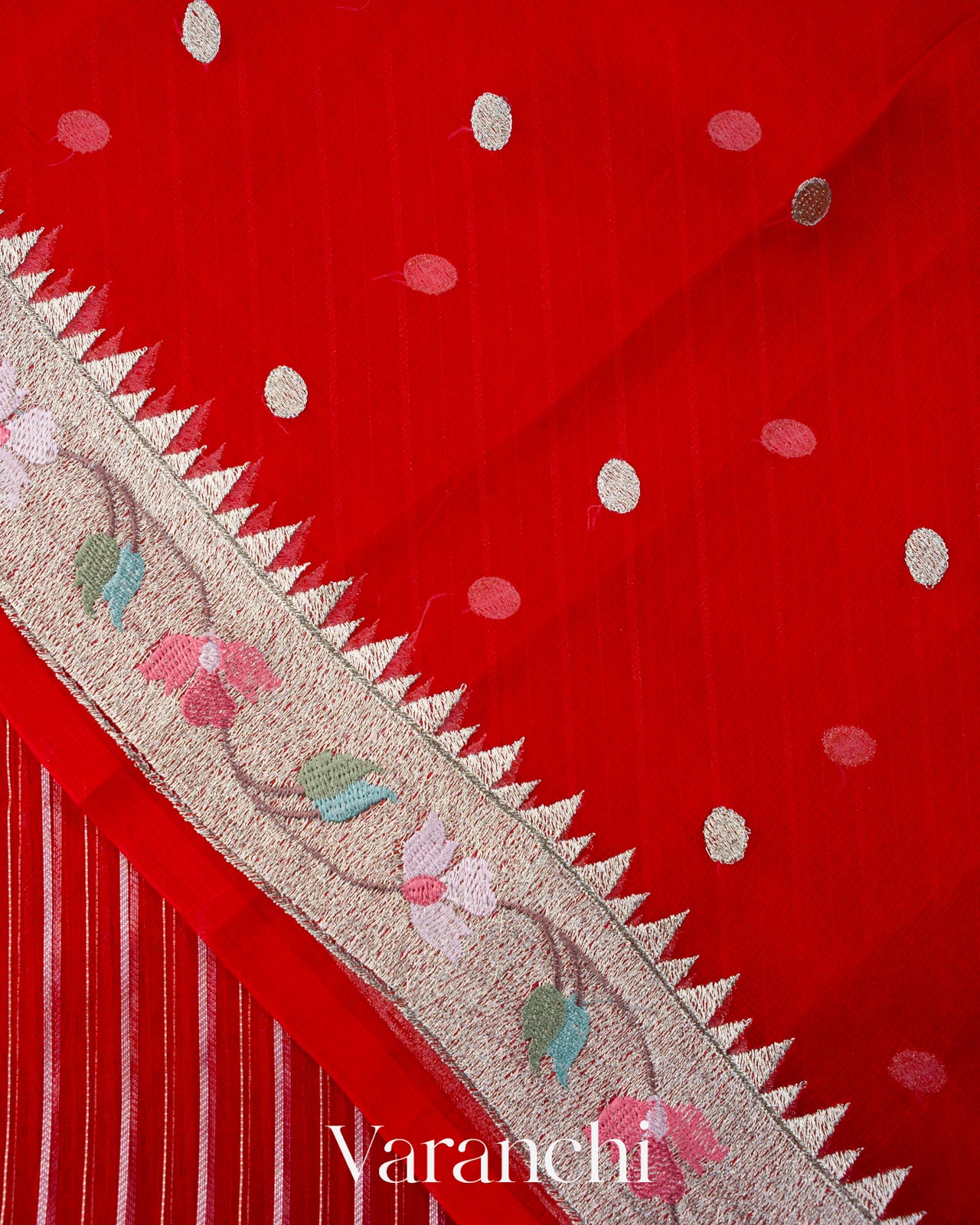 Red Bird Embroidered Pure Kora Silk Saree