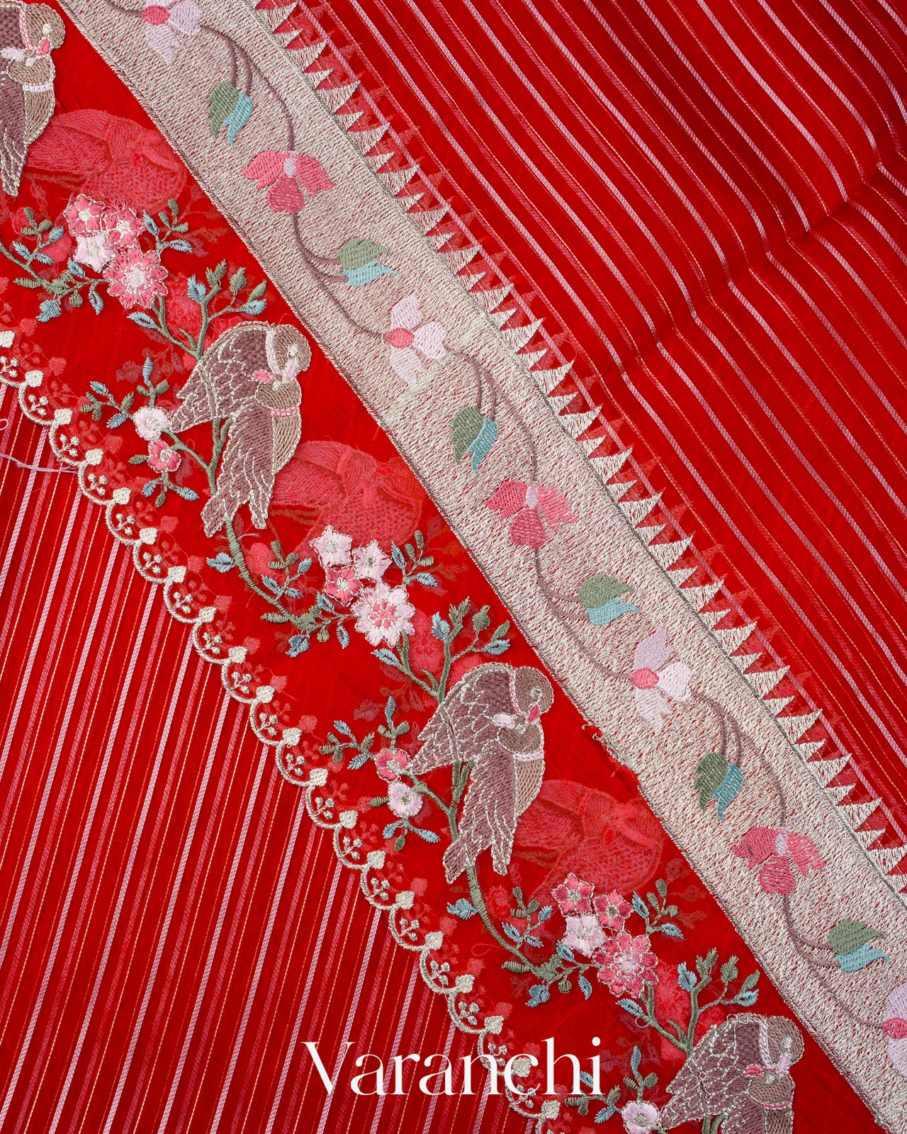 Red Bird Embroidered Pure Kora Silk Saree