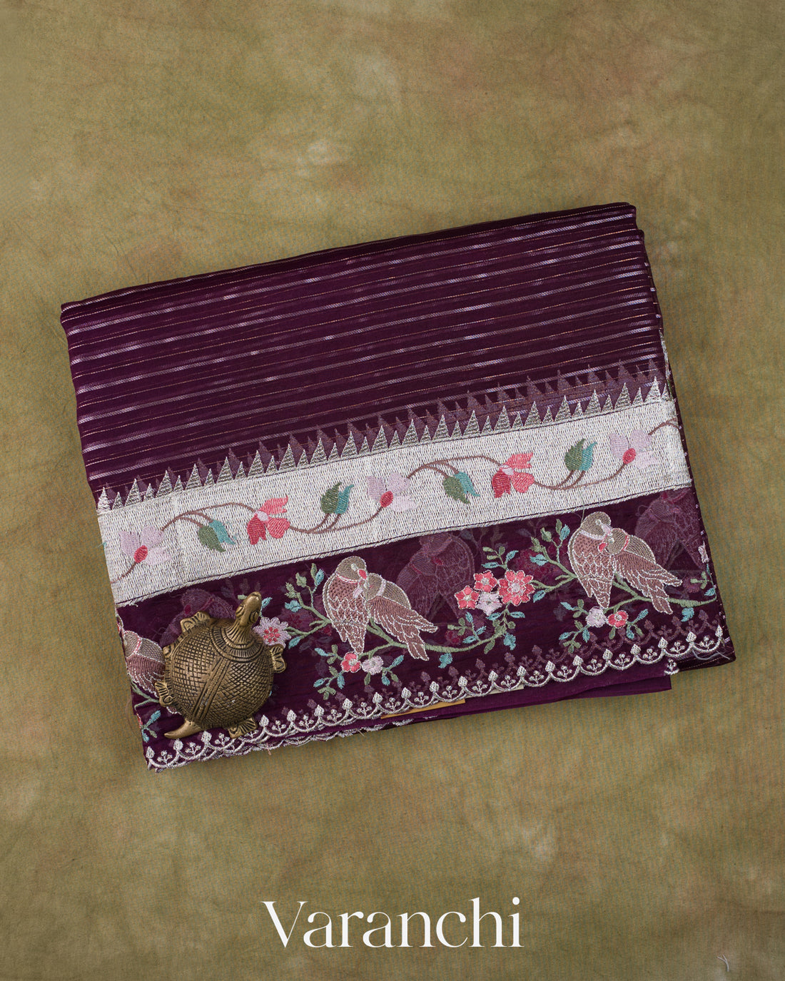 Deep Purple Bird and Floral Embroidered Pure Kora Silk Saree