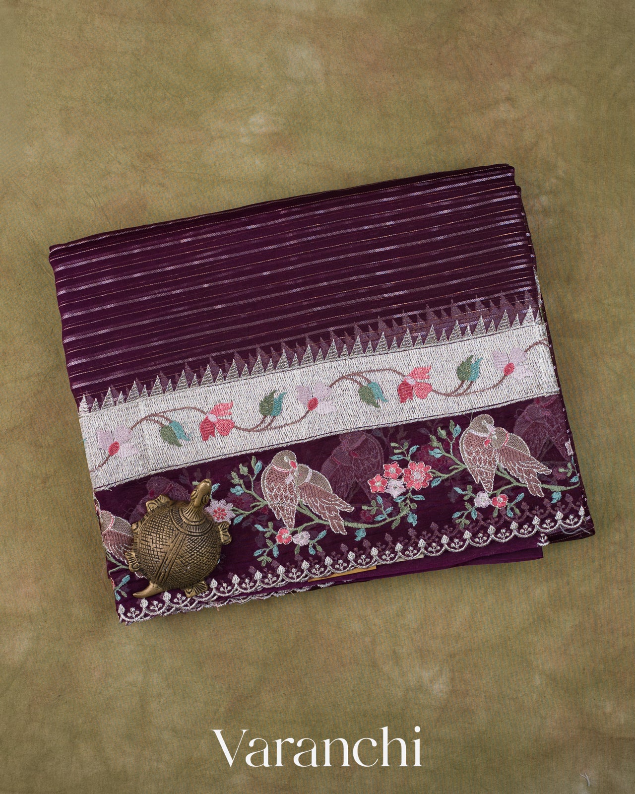 Deep Purple Bird and Floral Embroidered Pure Kora Silk Saree