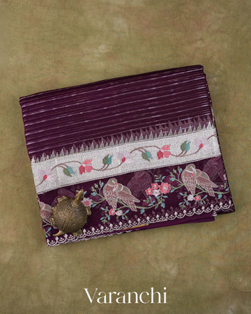 Deep Purple Bird and Floral Embroidered Pure Kora Silk Saree