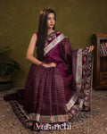 Deep Purple Bird and Floral Embroidered Pure Kora Silk Saree