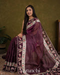 Deep Purple Bird and Floral Embroidered Pure Kora Silk Saree