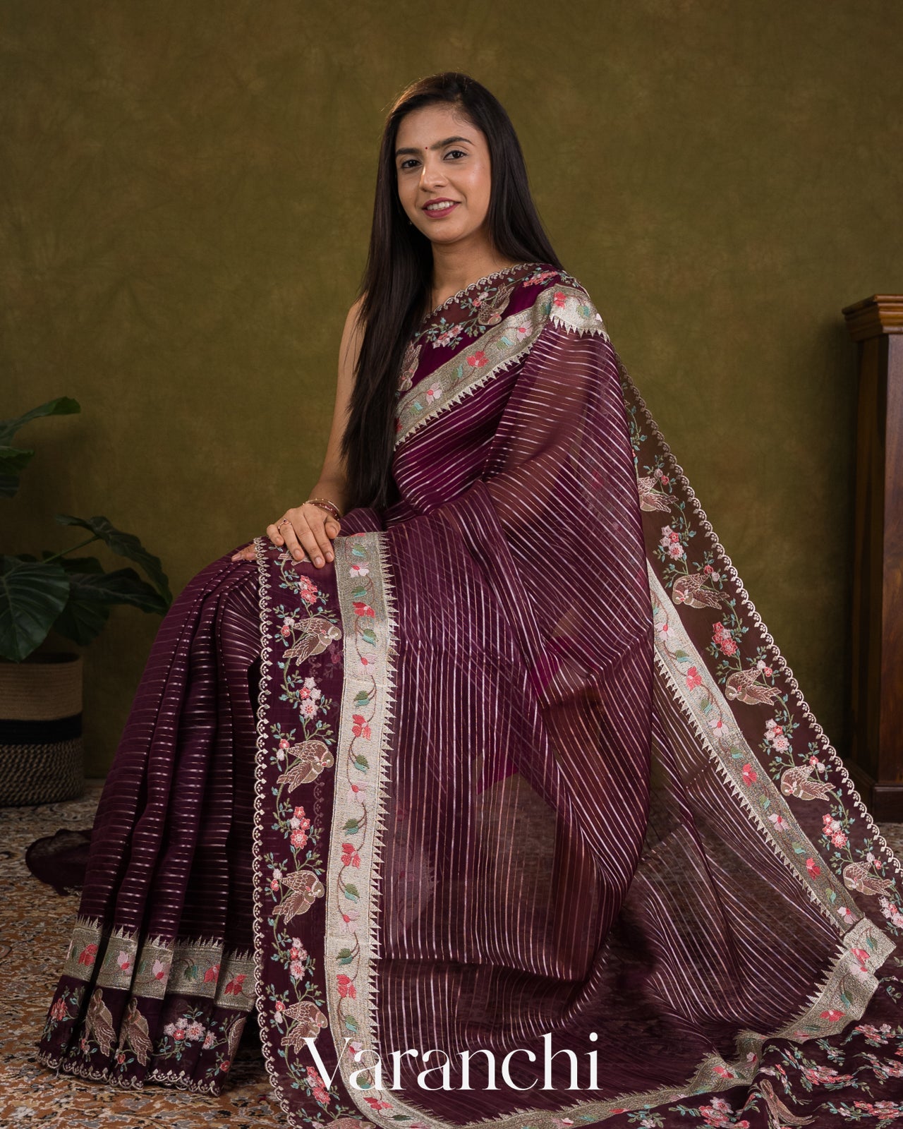 Deep Purple Bird and Floral Embroidered Pure Kora Silk Saree