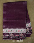 Deep Purple Bird and Floral Embroidered Pure Kora Silk Saree
