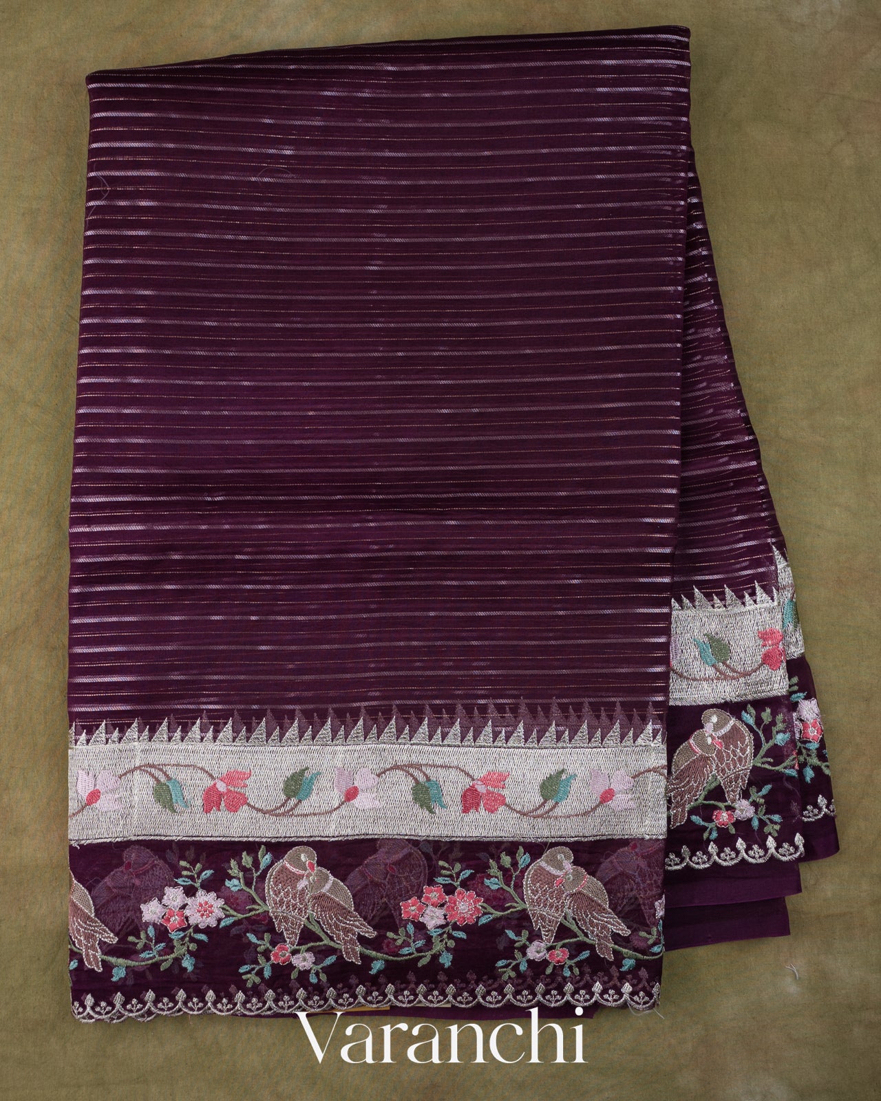 Deep Purple Bird and Floral Embroidered Pure Kora Silk Saree