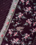 Deep Purple Bird and Floral Embroidered Pure Kora Silk Saree