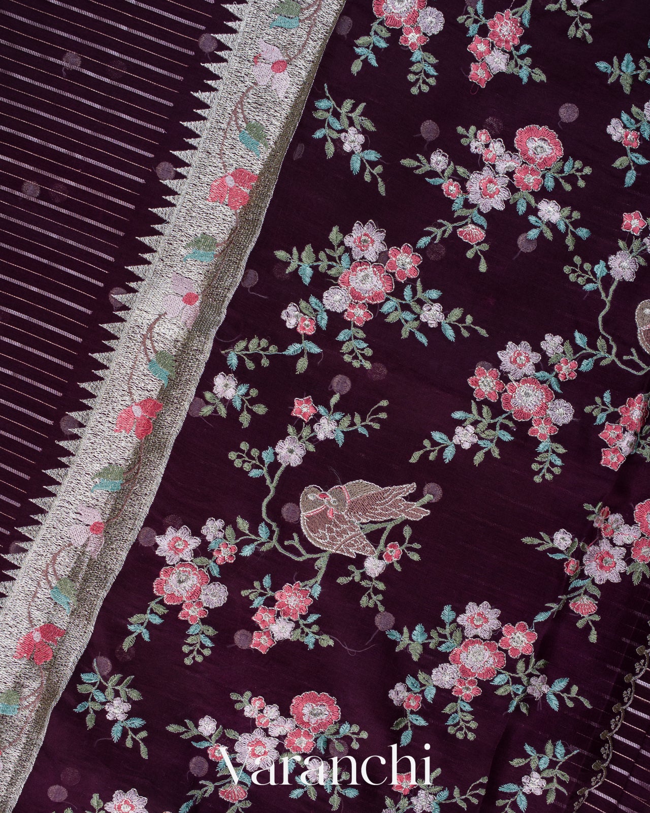 Deep Purple Bird and Floral Embroidered Pure Kora Silk Saree