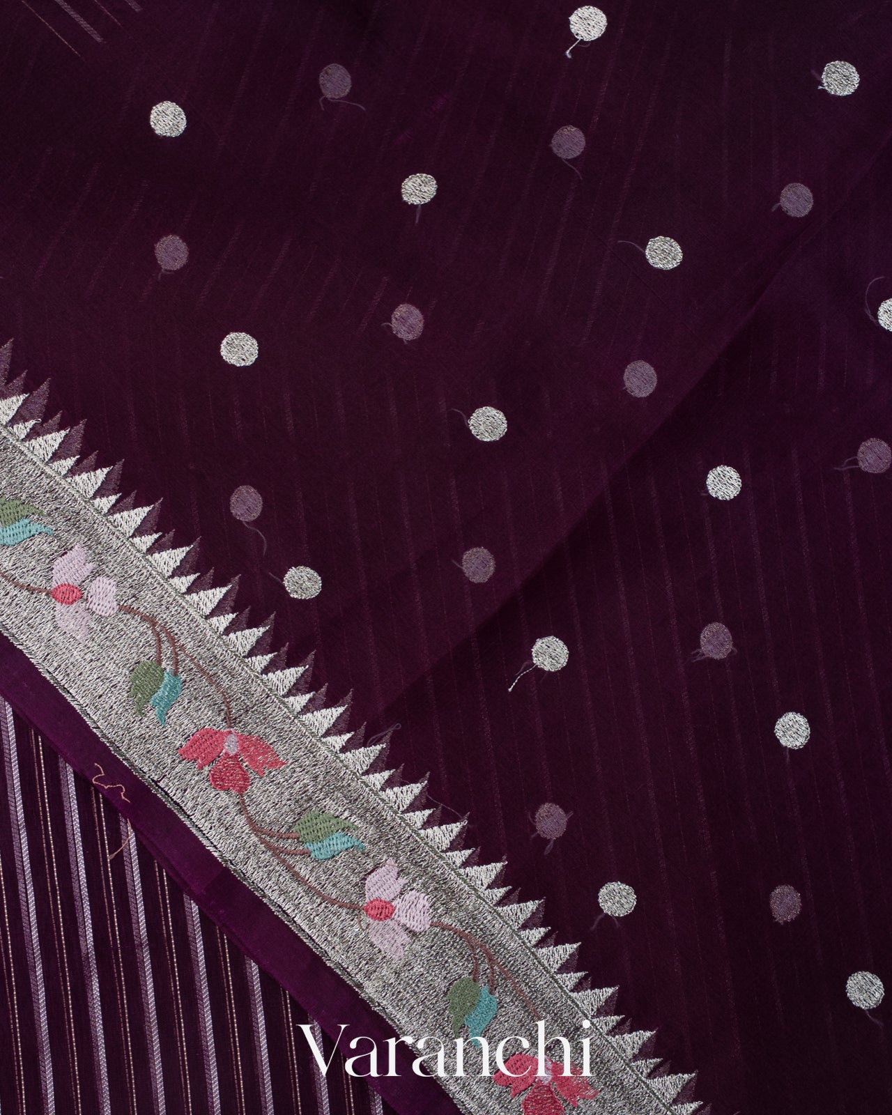 Deep Purple Bird and Floral Embroidered Pure Kora Silk Saree