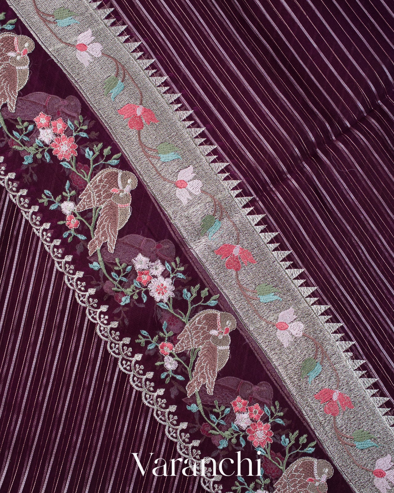 Deep Purple Bird and Floral Embroidered Pure Kora Silk Saree