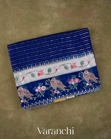 Navy Blue Bird and Floral Embroidered Pure Kora Silk Saree