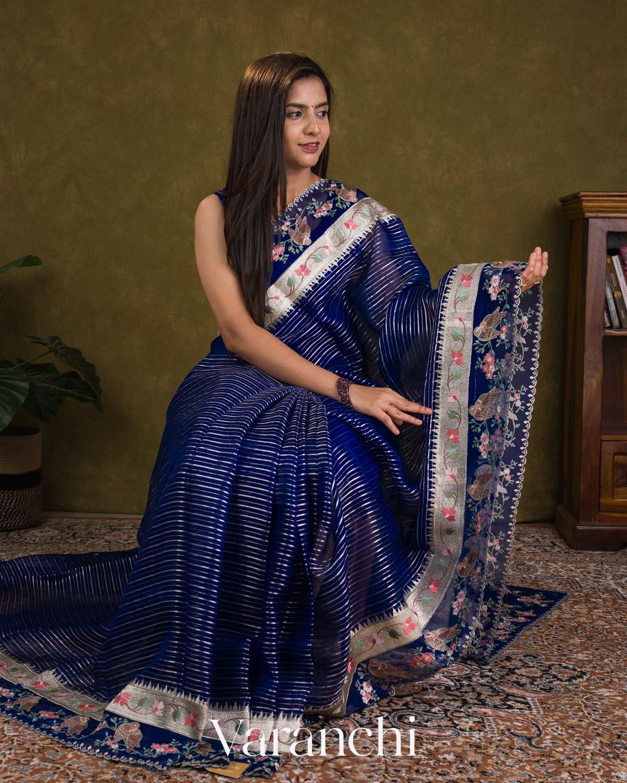 Navy Blue Bird and Floral Embroidered Pure Kora Silk Saree