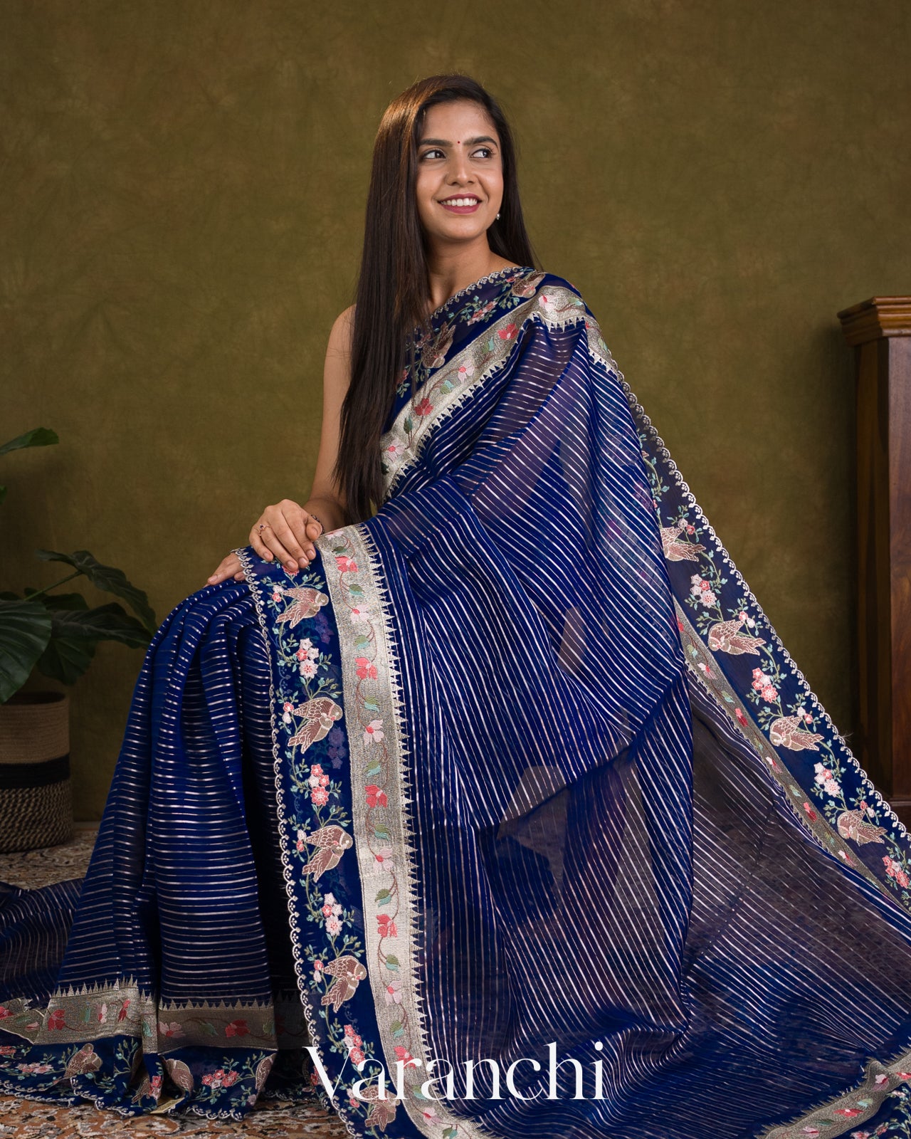 Navy Blue Bird and Floral Embroidered Pure Kora Silk Saree