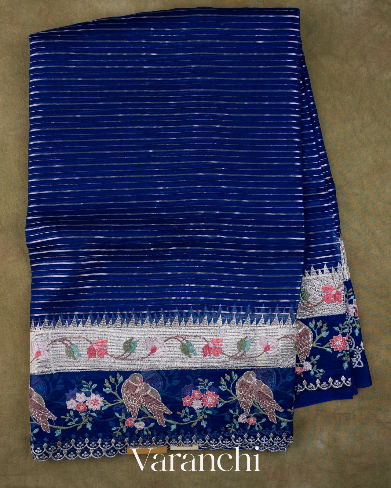 Navy Blue Bird and Floral Embroidered Pure Kora Silk Saree