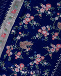 Navy Blue Bird and Floral Embroidered Pure Kora Silk Saree