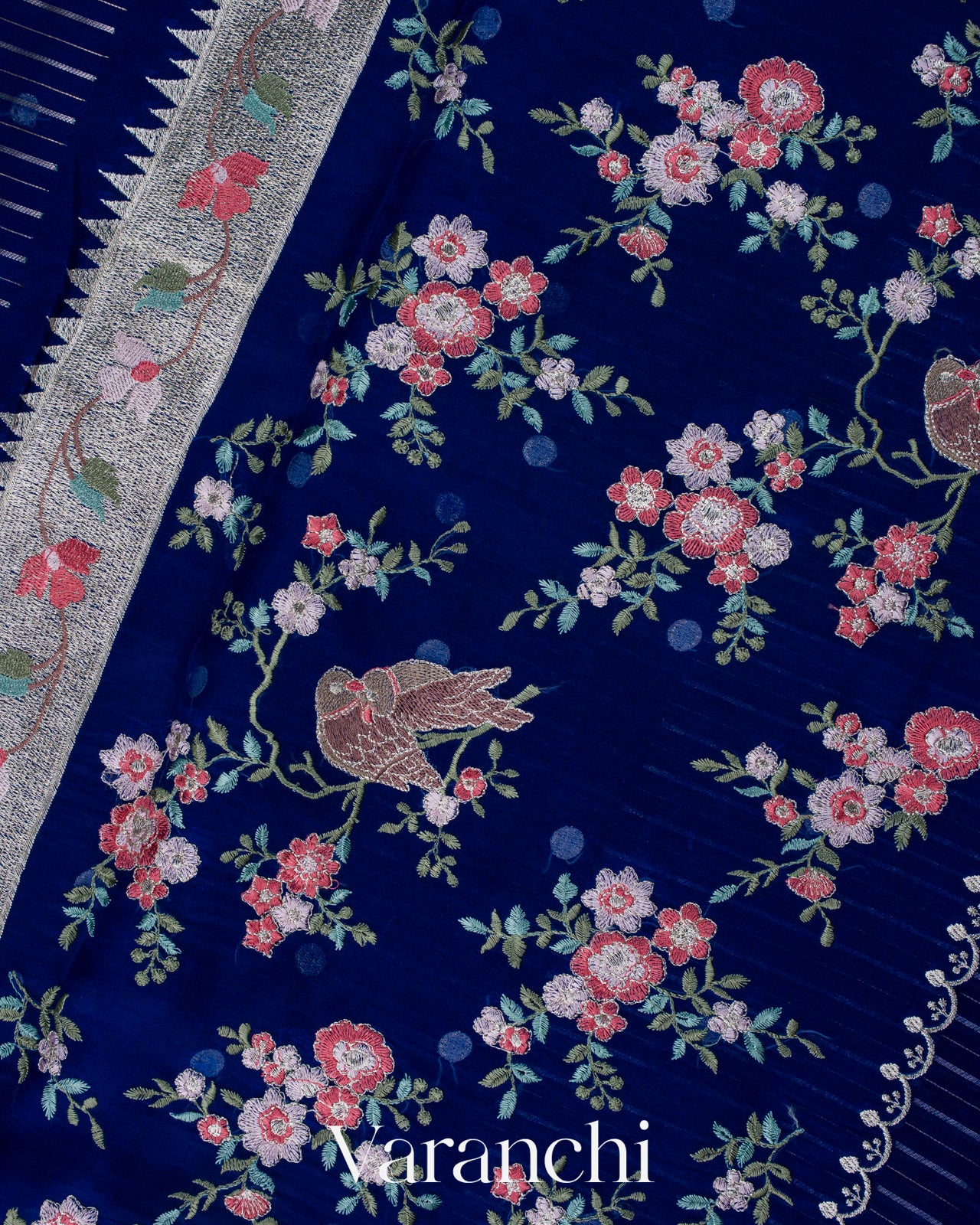 Navy Blue Bird and Floral Embroidered Pure Kora Silk Saree