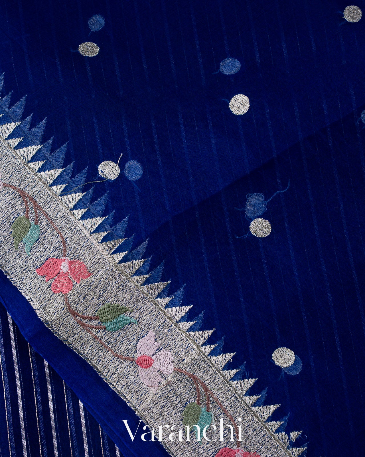 Navy Blue Bird and Floral Embroidered Pure Kora Silk Saree