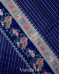Navy Blue Bird and Floral Embroidered Pure Kora Silk Saree