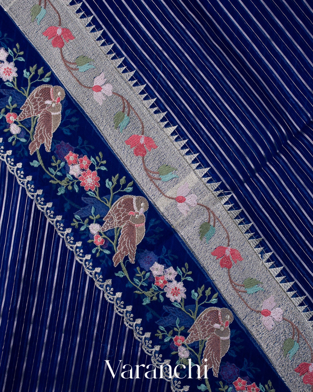 Navy Blue Bird and Floral Embroidered Pure Kora Silk Saree