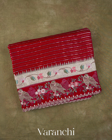 Crimson Maroon Bird and Floral Embroidered Pure Kora Silk Saree