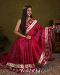 Crimson Maroon Bird and Floral Embroidered Pure Kora Silk Saree