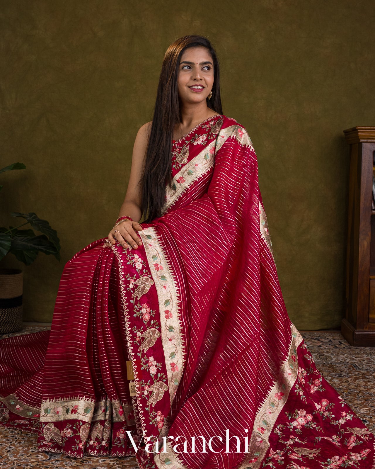 Crimson Maroon Bird and Floral Embroidered Pure Kora Silk Saree