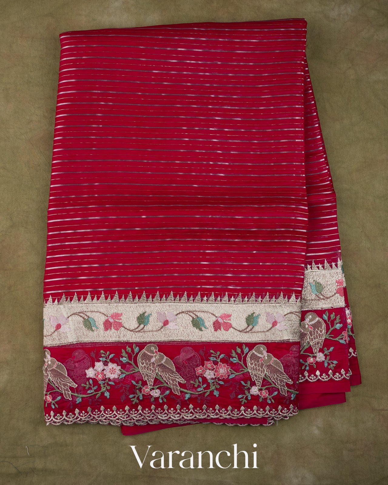 Crimson Maroon Bird and Floral Embroidered Pure Kora Silk Saree