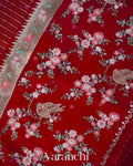 Crimson Maroon Bird and Floral Embroidered Pure Kora Silk Saree
