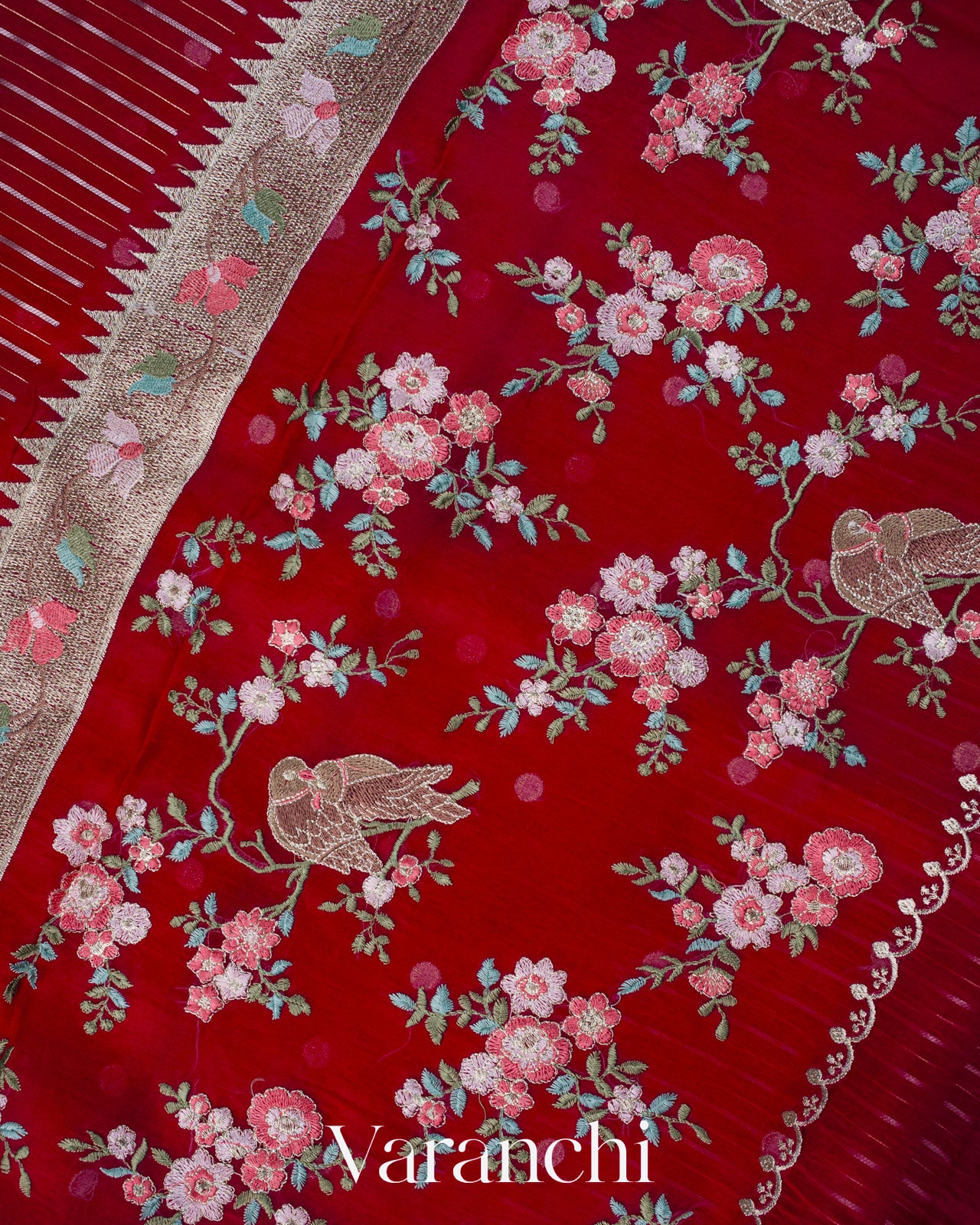 Crimson Maroon Bird and Floral Embroidered Pure Kora Silk Saree