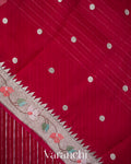 Crimson Maroon Bird and Floral Embroidered Pure Kora Silk Saree