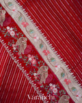 Crimson Maroon Bird and Floral Embroidered Pure Kora Silk Saree
