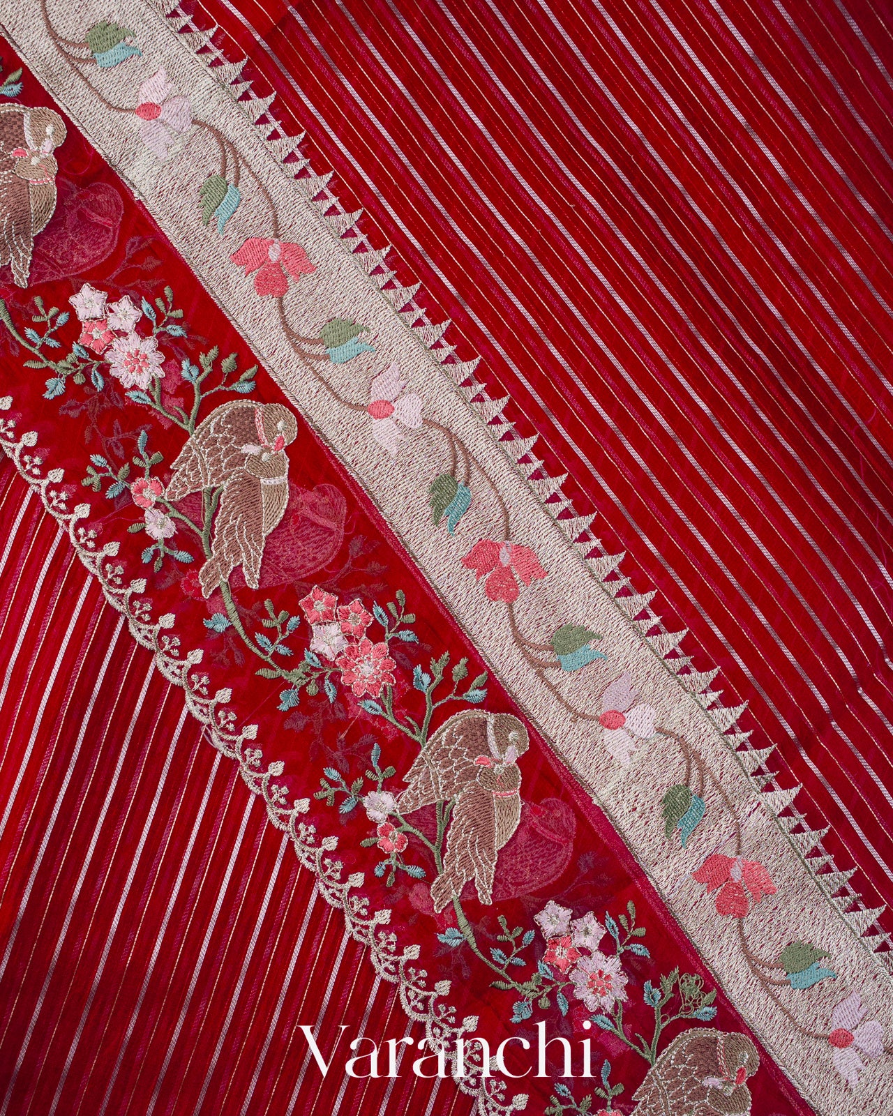 Crimson Maroon Bird and Floral Embroidered Pure Kora Silk Saree