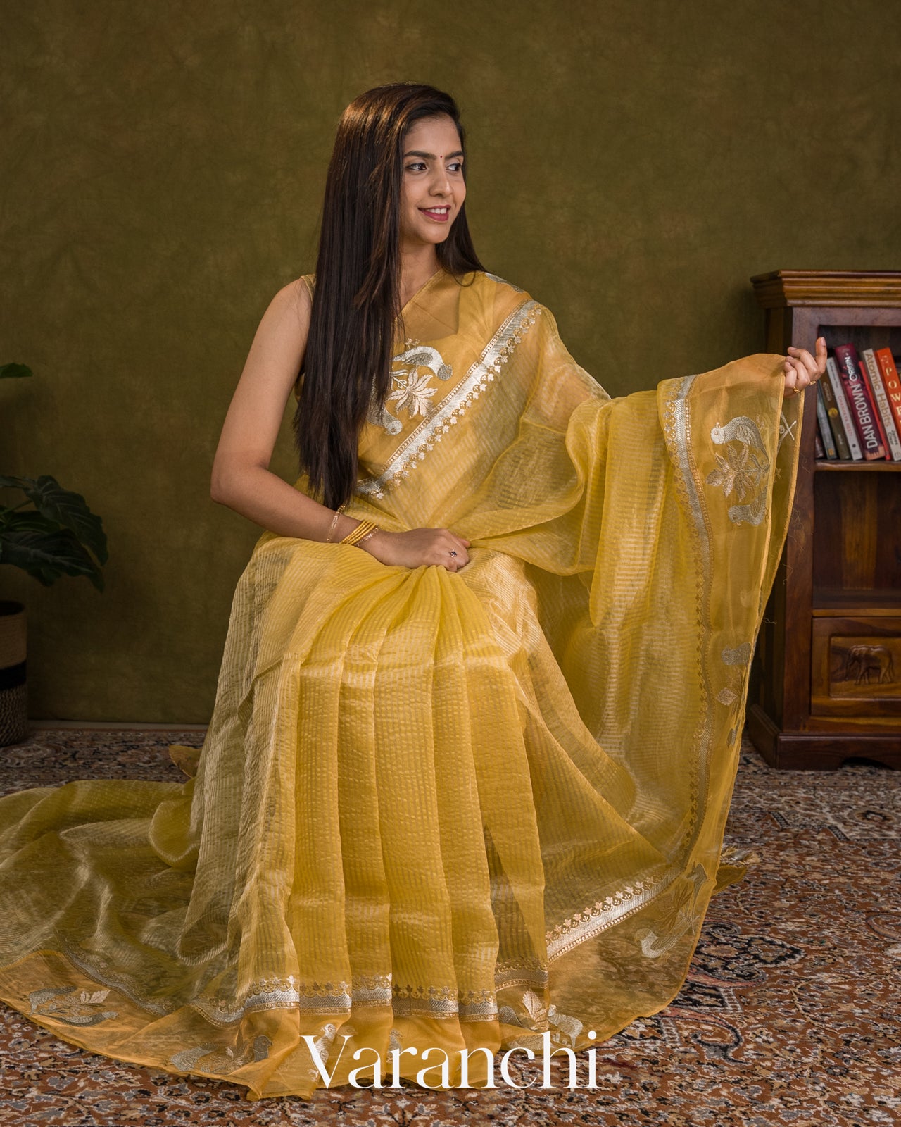 Mustard Yellow Bird Embroidered Pure Kora Silk Saree
