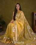 Mustard Yellow Bird Embroidered Pure Kora Silk Saree