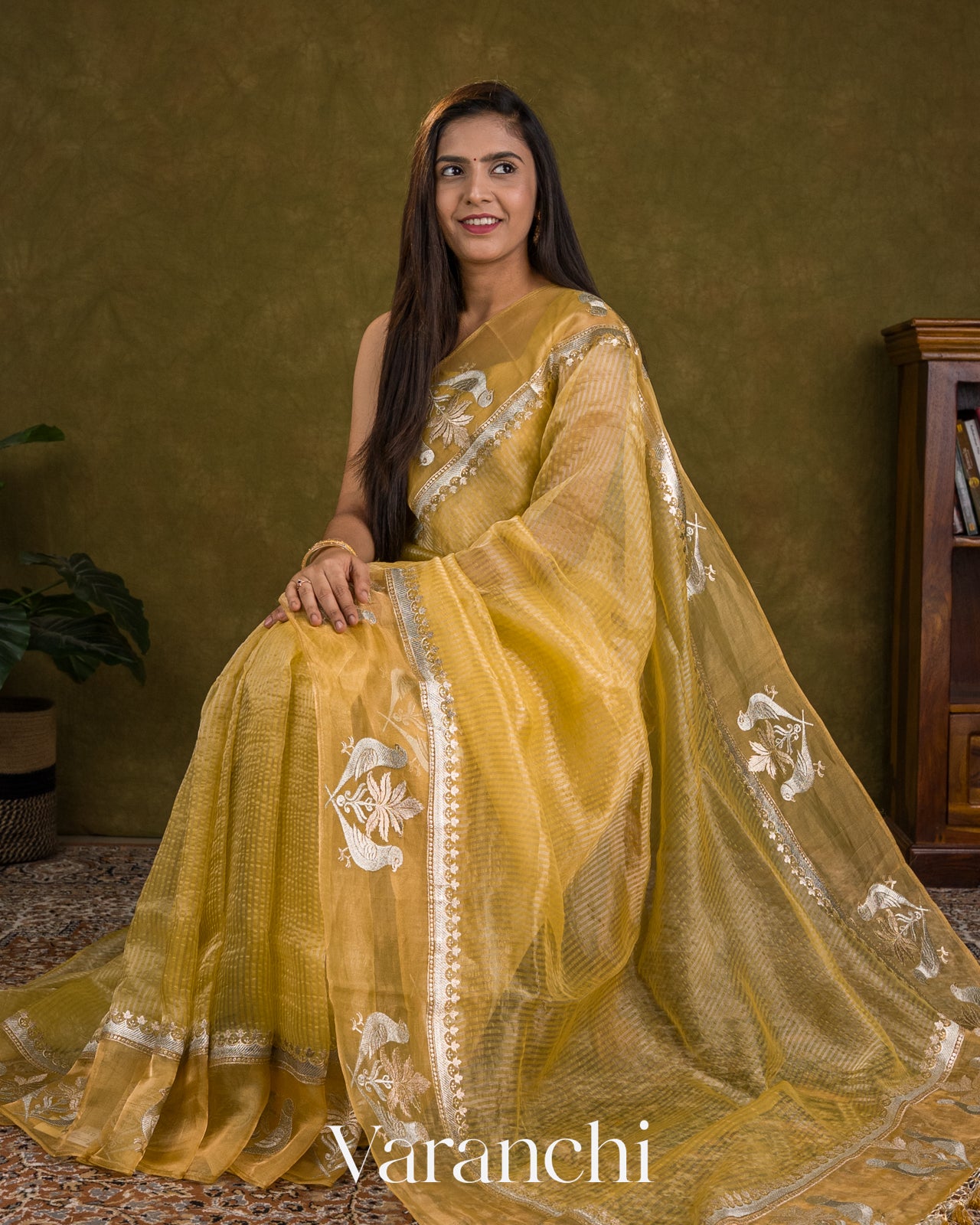 Mustard Yellow Bird Embroidered Pure Kora Silk Saree