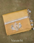 Mustard Yellow Bird Embroidered Pure Kora Silk Saree
