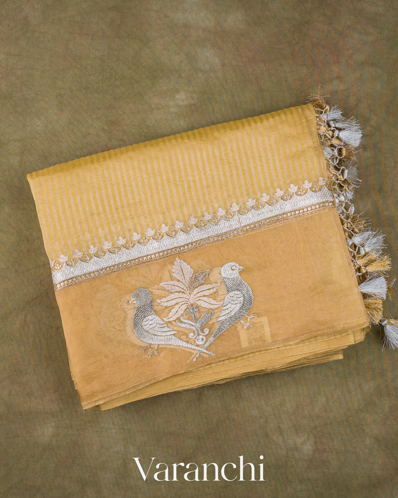 Mustard Yellow Bird Embroidered Pure Kora Silk Saree