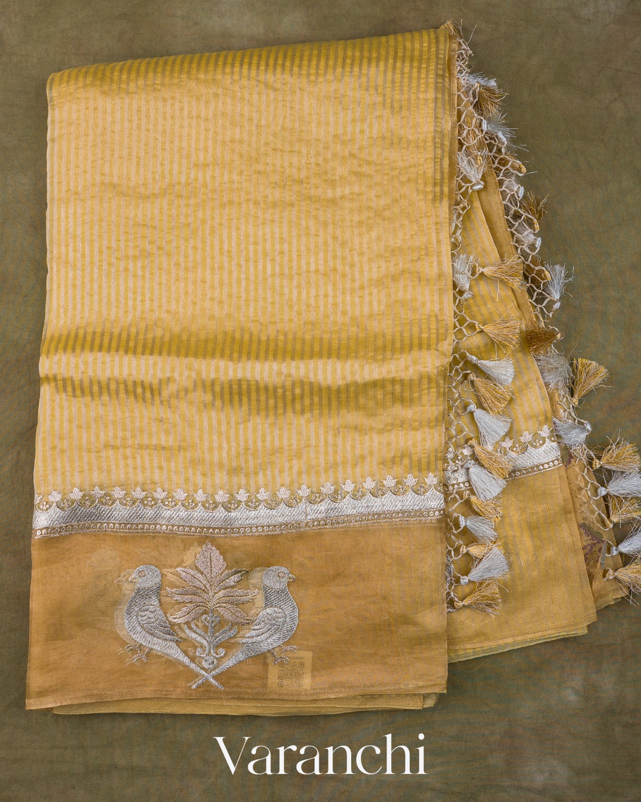 Mustard Yellow Bird Embroidered Pure Kora Silk Saree