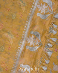 Mustard Yellow Bird Embroidered Pure Kora Silk Saree
