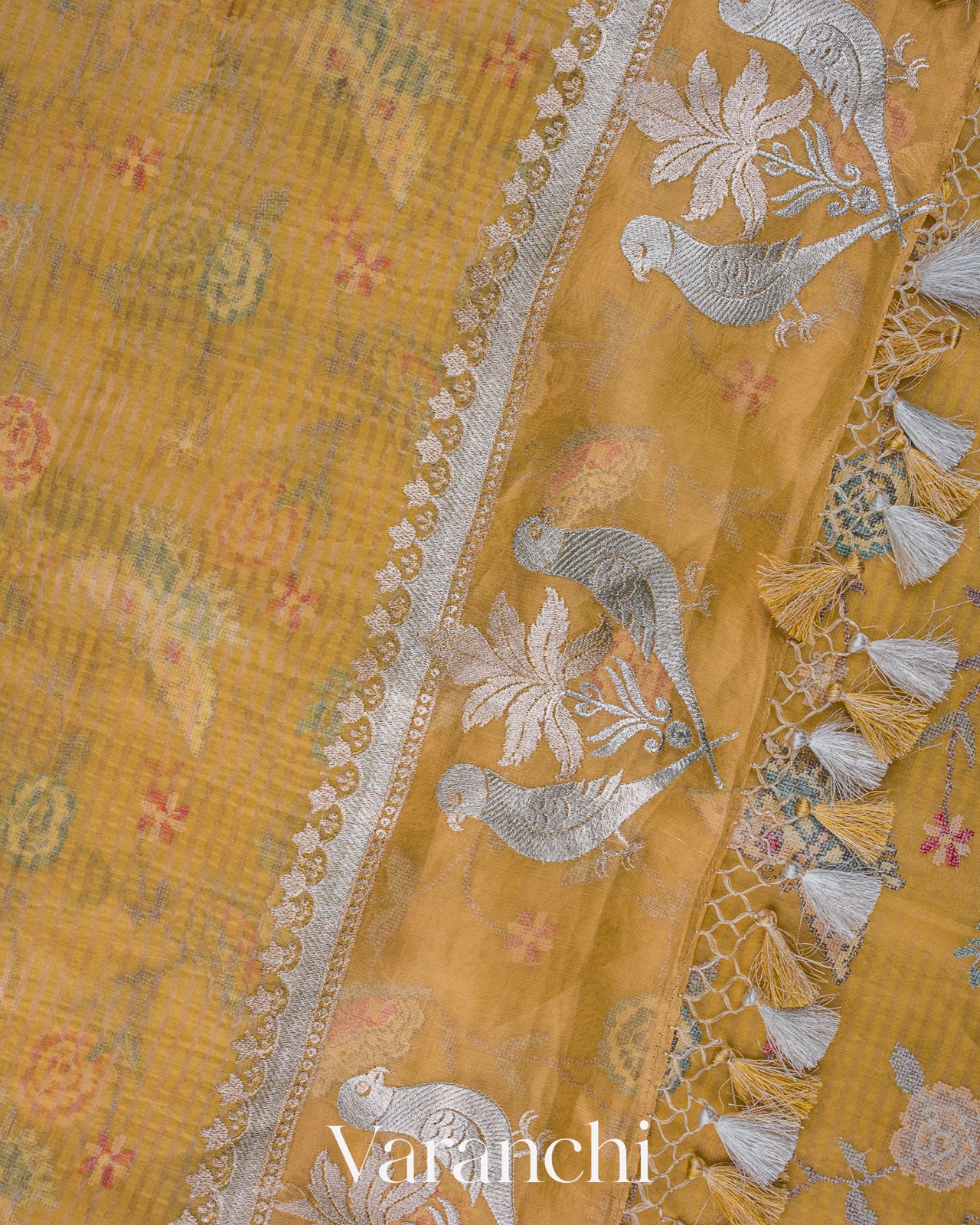 Mustard Yellow Bird Embroidered Pure Kora Silk Saree