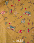 Mustard Yellow Bird Embroidered Pure Kora Silk Saree