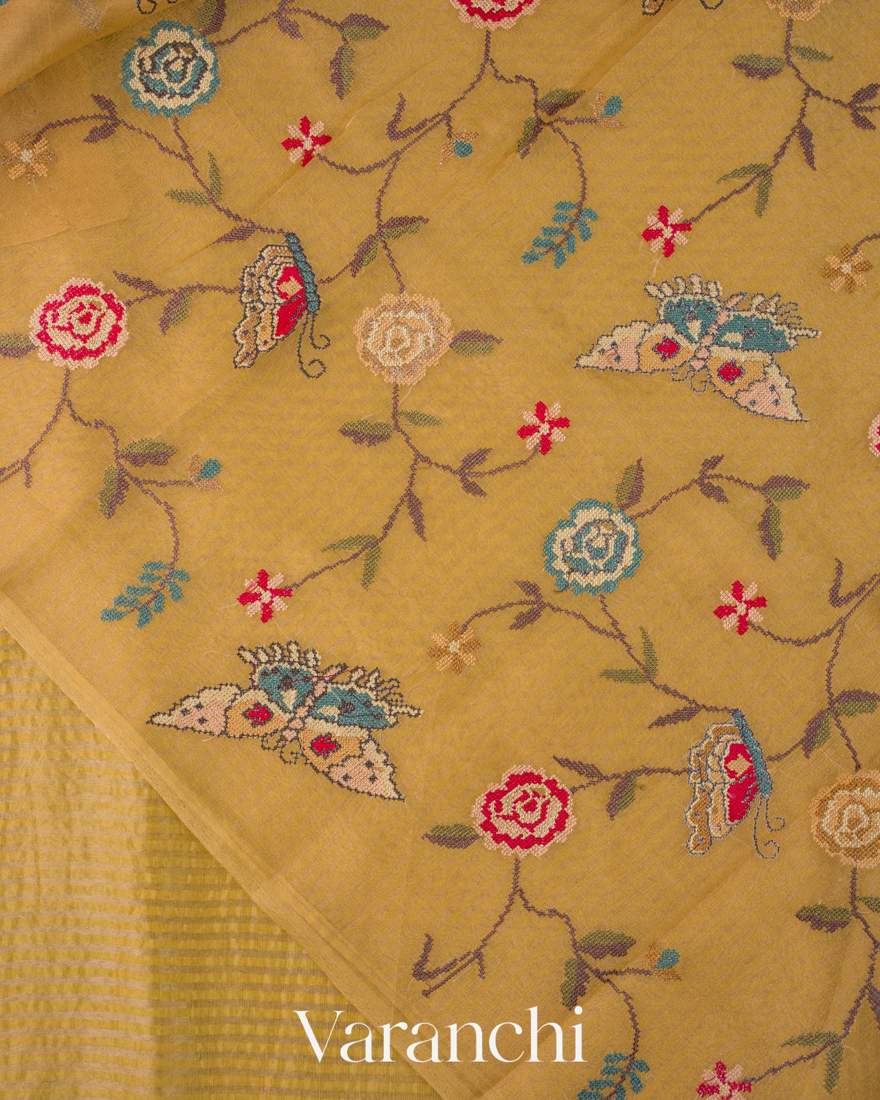 Mustard Yellow Bird Embroidered Pure Kora Silk Saree