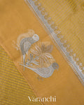 Mustard Yellow Bird Embroidered Pure Kora Silk Saree