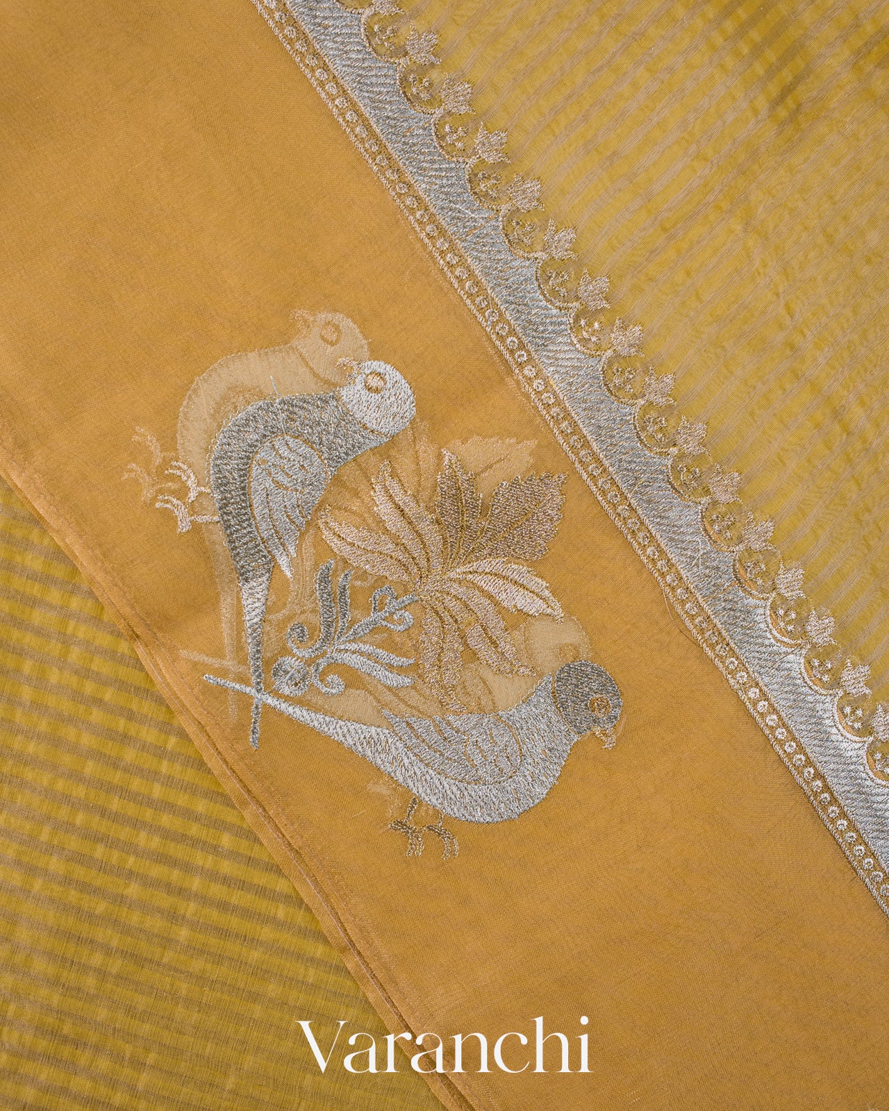 Mustard Yellow Bird Embroidered Pure Kora Silk Saree