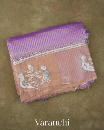 Lavender Bird Embroidered Pure Kora Silk Saree