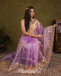 Lavender Bird Embroidered Pure Kora Silk Saree
