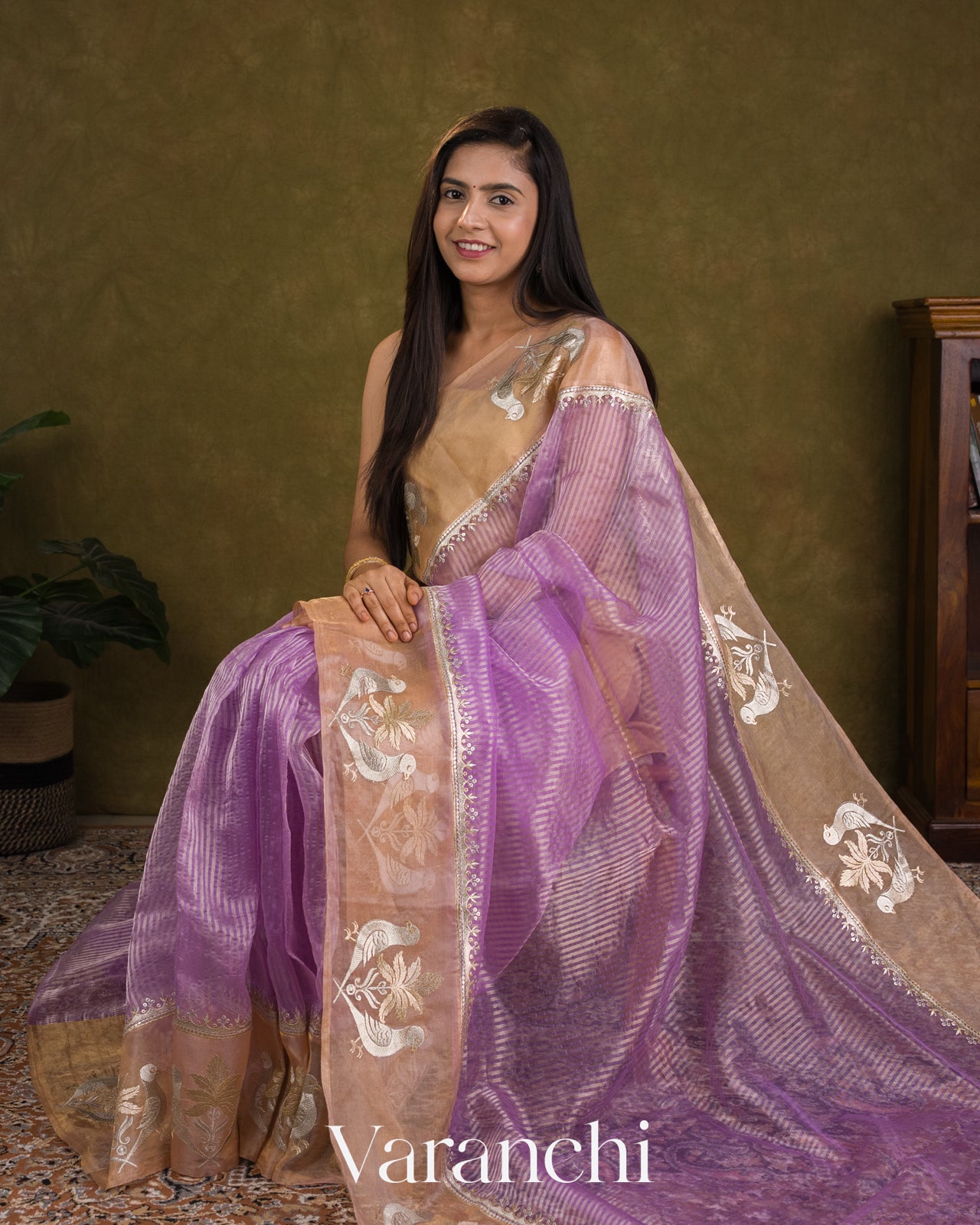 Lavender Bird Embroidered Pure Kora Silk Saree