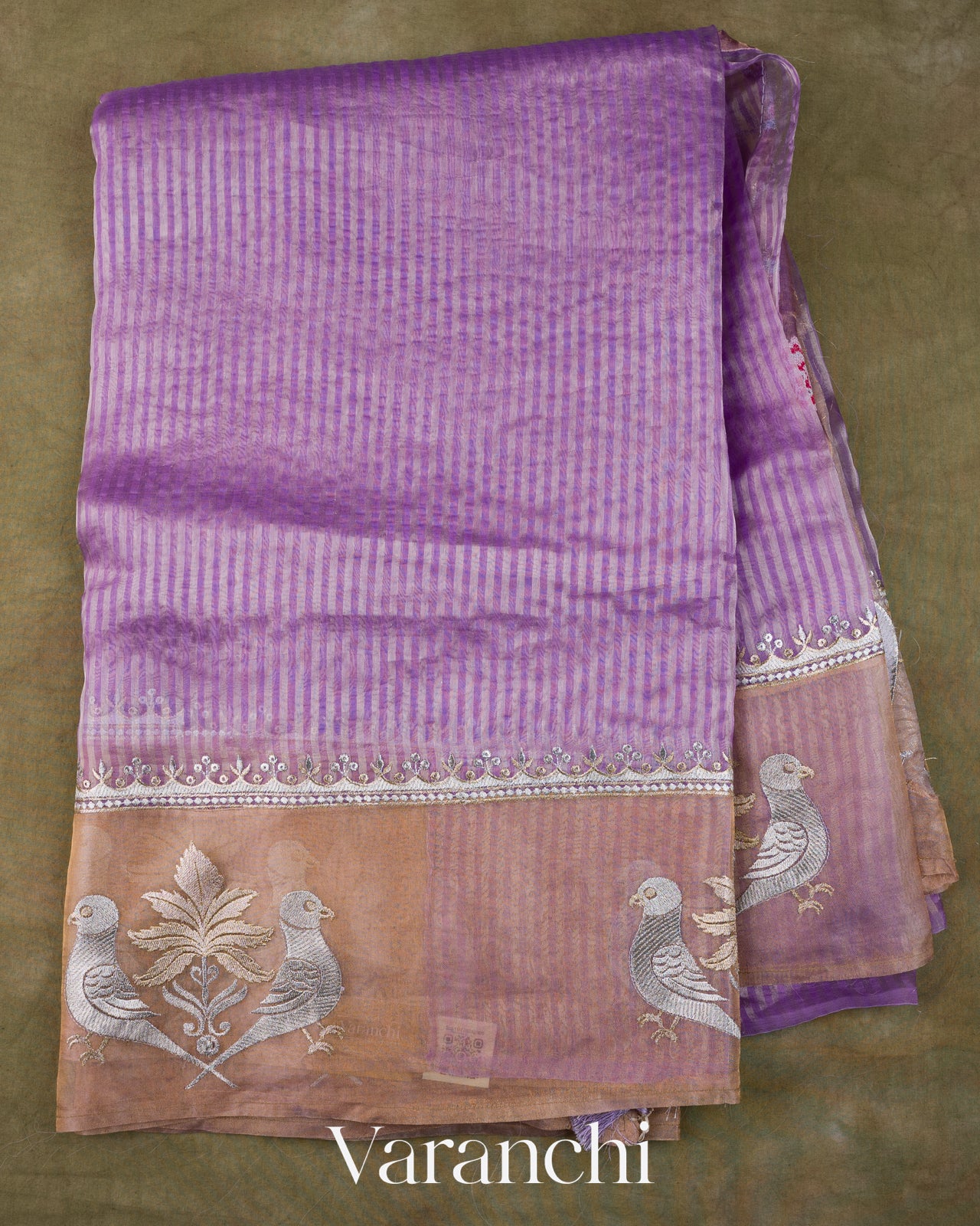 Lavender Bird Embroidered Pure Kora Silk Saree