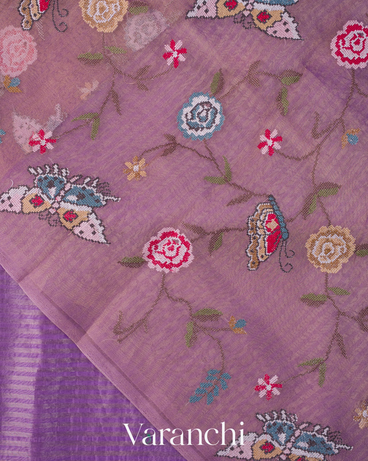 Lavender Bird Embroidered Pure Kora Silk Saree