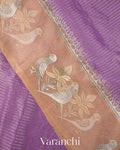 Lavender Bird Embroidered Pure Kora Silk Saree